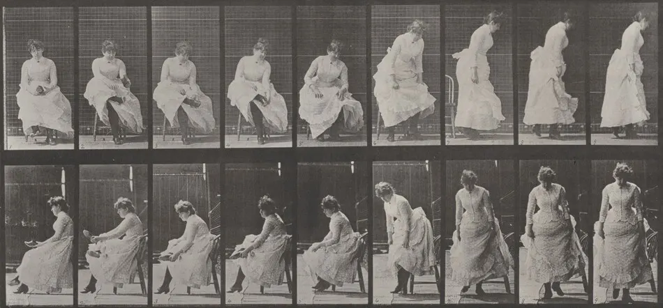 Plate Number 422. Toilet, putting on shoes and rising from chair by Eadweard Muybridge