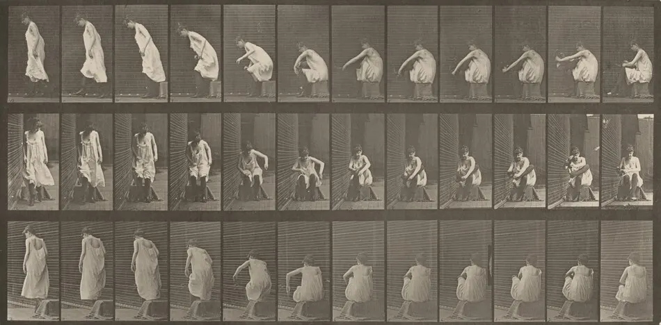 Plate Number 423. Toilet, putting on boots and rising from chair by Eadweard Muybridge