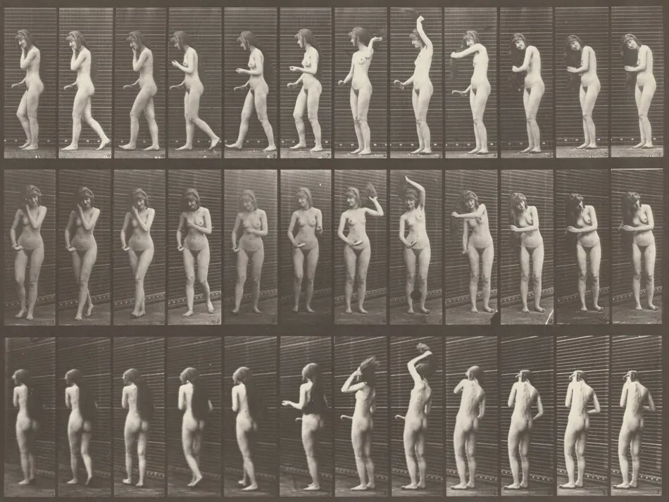 Plate Number 426. Toilet, brushing hair and walking off by Eadweard Muybridge