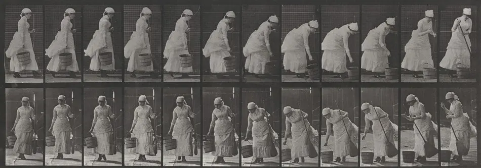 Plate Number 437. Setting down a bucket and preparing to sweep by Eadweard Muybridge