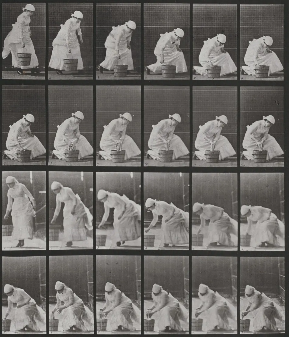 Plate Number 438. Setting down a bucket and preparing to scrub by Eadweard Muybridge