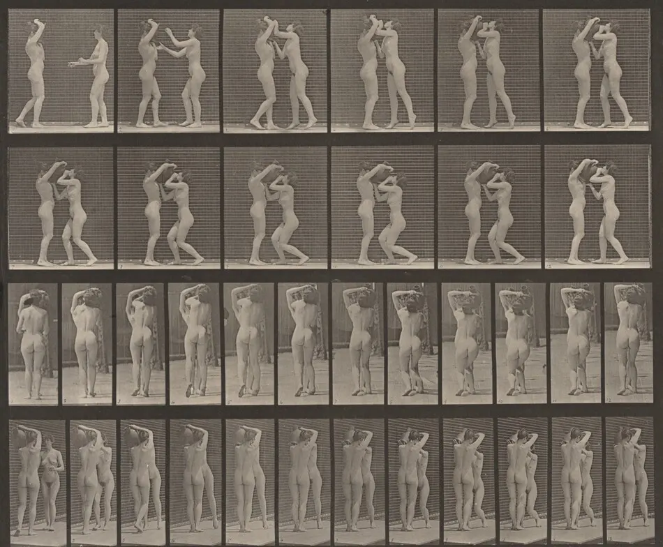 Plate Number 445. Woman drinking from the water jar on the shoulder of another woman by Eadweard Muybridge