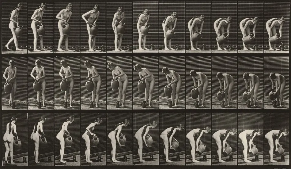 Plate Number 446. Filling a pitcher on the ground from a water jar by Eadweard Muybridge