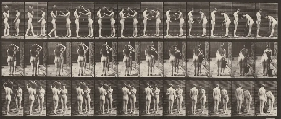 Plate Number 447. Woman taking a water jar from the shoulder of another woman by Eadweard Muybridge