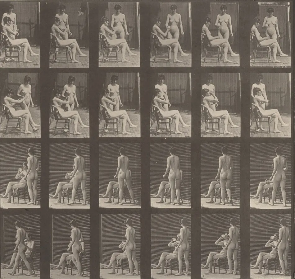 Plate Number 451. Woman brings a cup of tea; another takes the cup and drinks by Eadweard Muybridge