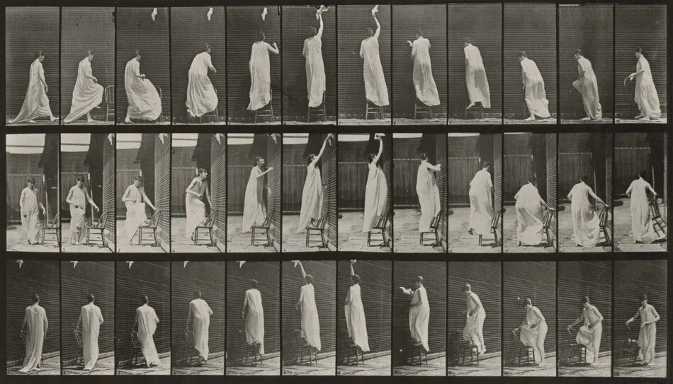 Plate Number 459. Stepping on chair, reaching up and descending by Eadweard Muybridge