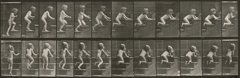 Plate Number 474. Child walking up stairs, kneeling and reaching for vase by Eadweard Muybridge