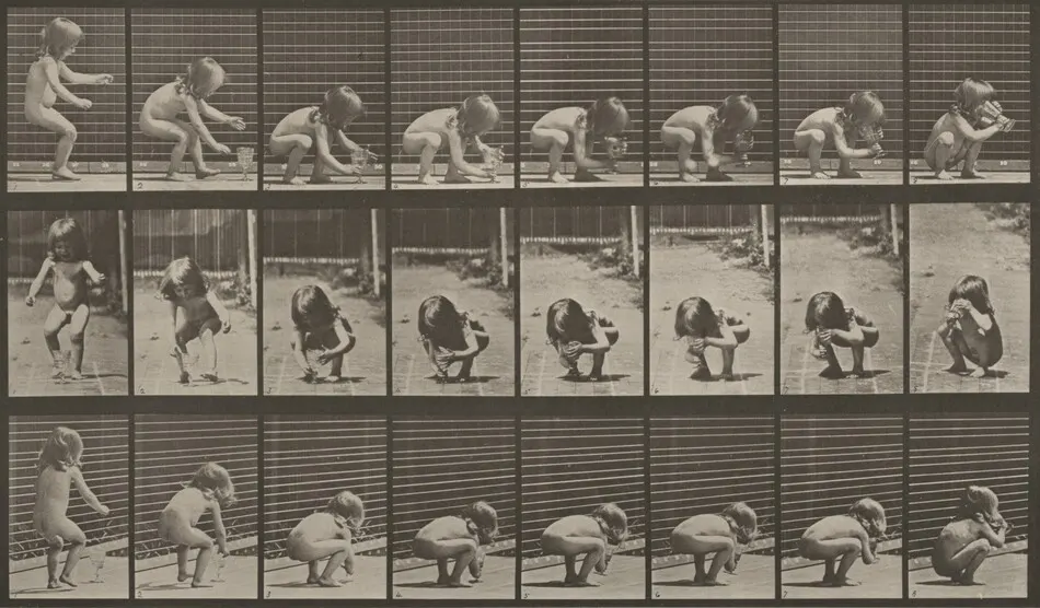 Plate Number 477. Child stooping, lifting a goblet and drinking by Eadweard Muybridge
