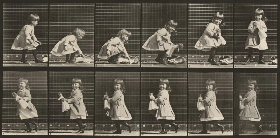 Plate Number 481. Child lifting a doll, turning and walking off by Eadweard Muybridge