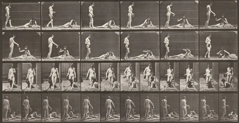 Plate Number 485. A: Standing and filling a goblet. B: Drinking while lying on the ground by Eadweard Muybridge
