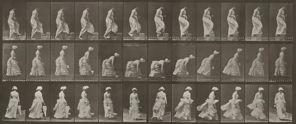 Plate Number 487. A: Ascending a step. B: Lifting a handkerchief from the ground. C: Walking. D: Running by Eadweard Muybridge