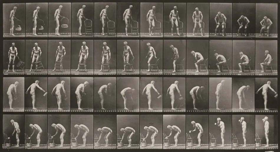Plate Number 490. A, B: Sitting down. C: Sprinkling water. D: Stooping for cup and drinking by Eadweard Muybridge