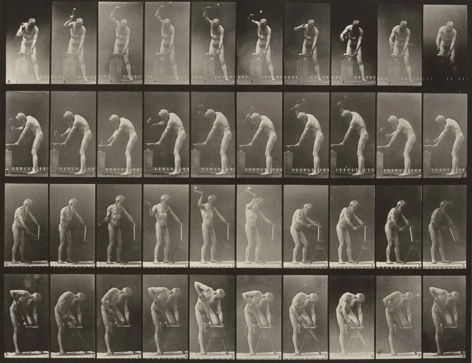 Plate Number 491. A, B: Hammering at an anvil. C: Using a hatchet. D: Sawing a board by Eadweard Muybridge