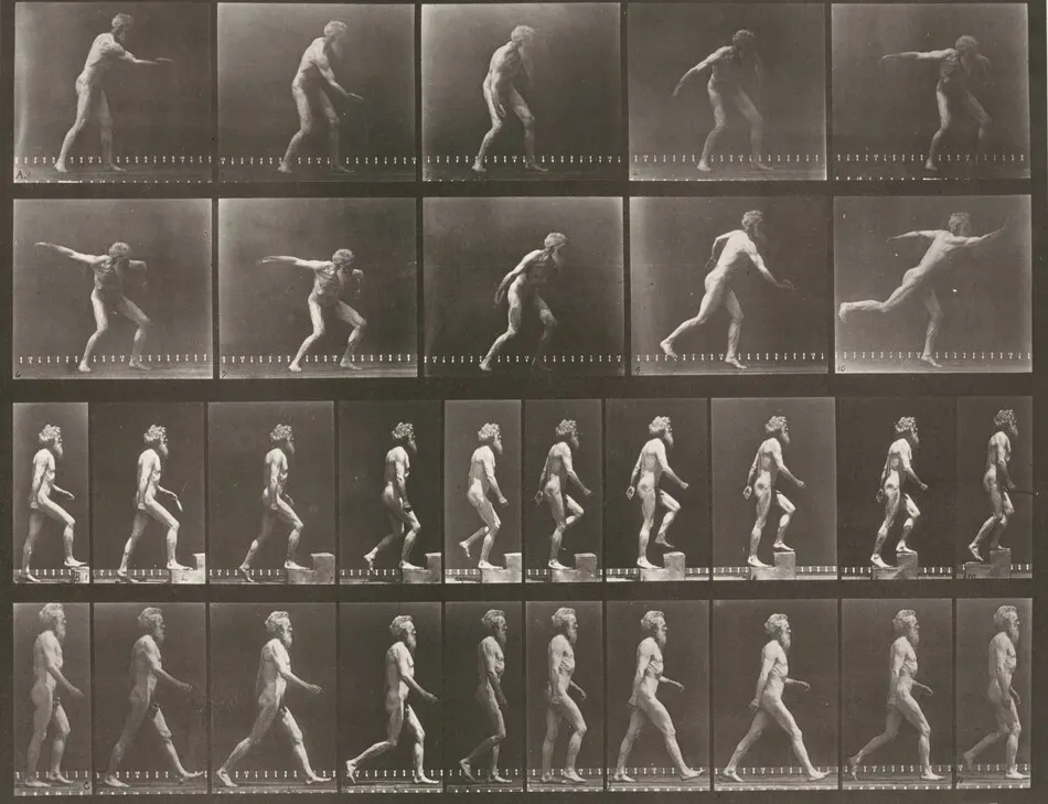 Plate Number 519. A: Throwing a disk. B: Ascending a step. C: Walking by Eadweard Muybridge