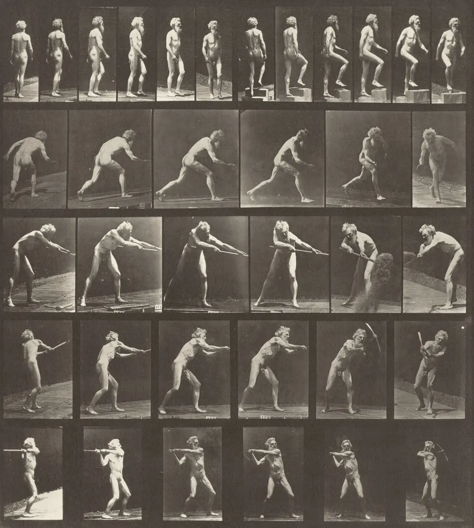 Plate Number 521. A: Walking. B: Ascending a step. C: Throwing the disk. D: Using a shovel. E, F: Using a pick by Eadweard Muybridge