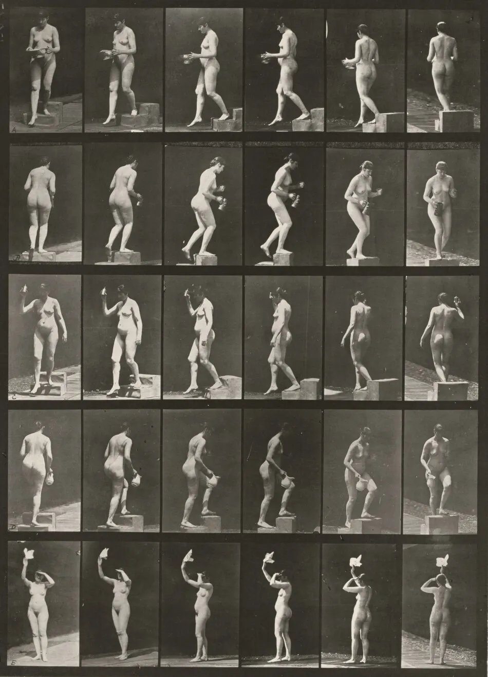 Plate Number 525. A, C: Descending a step. B, D: Ascending a step. E: Waving a handkerchief by Eadweard Muybridge