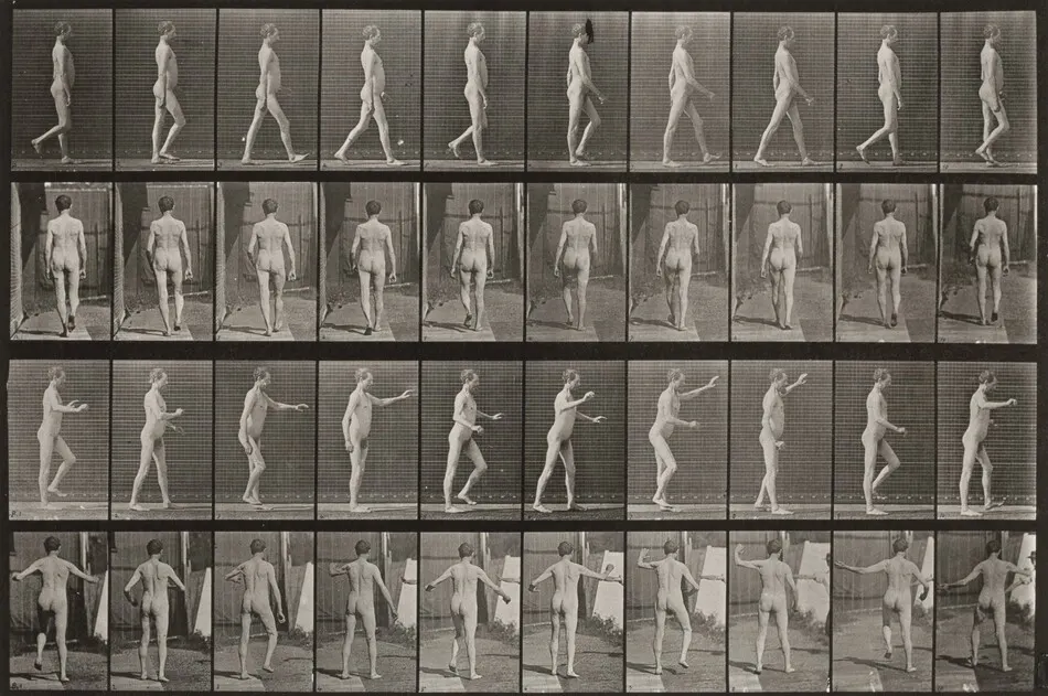Plate Number 550. Locomotor ataxia, walking. A: Arms down. B: Arms up by Eadweard Muybridge