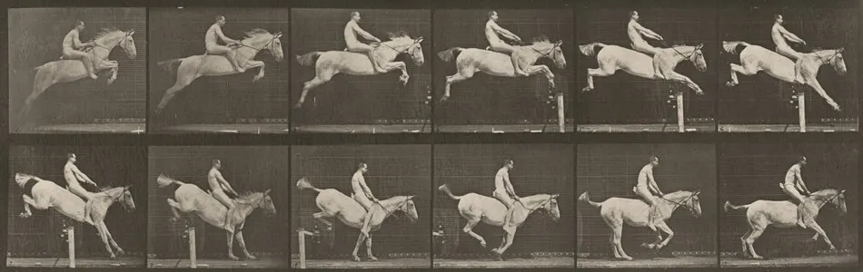 Plate Number 643. "Pandora" jumping a hurdle, bareback, clearing and landing; rider nude by Eadweard Muybridge