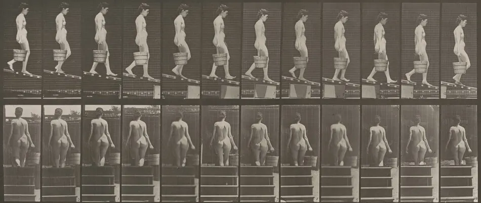 Plate Number 120. Descending an incline with a bucket of water in right hand by Eadweard Muybridge