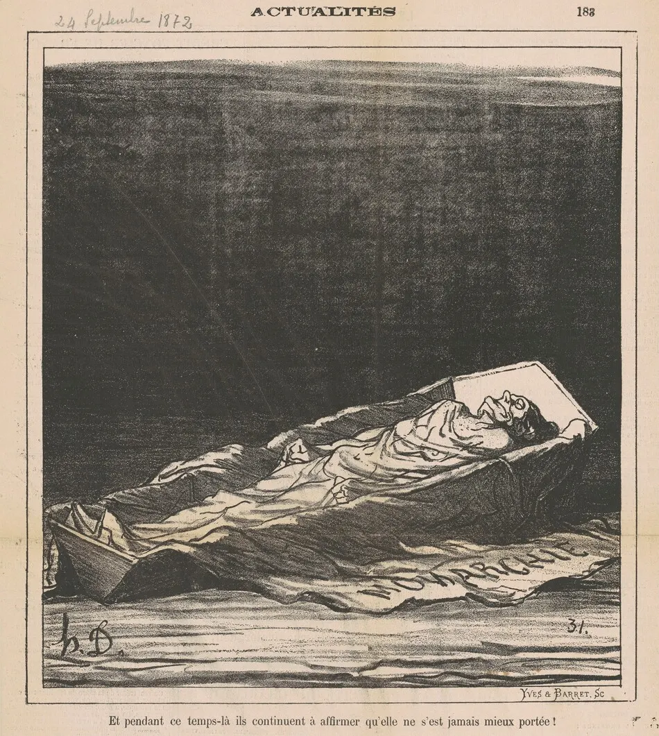 Et pendant ce temps-là ils continuent à affirmer qu'elle ne s'est jamais mieux portée! by Honoré Daumier