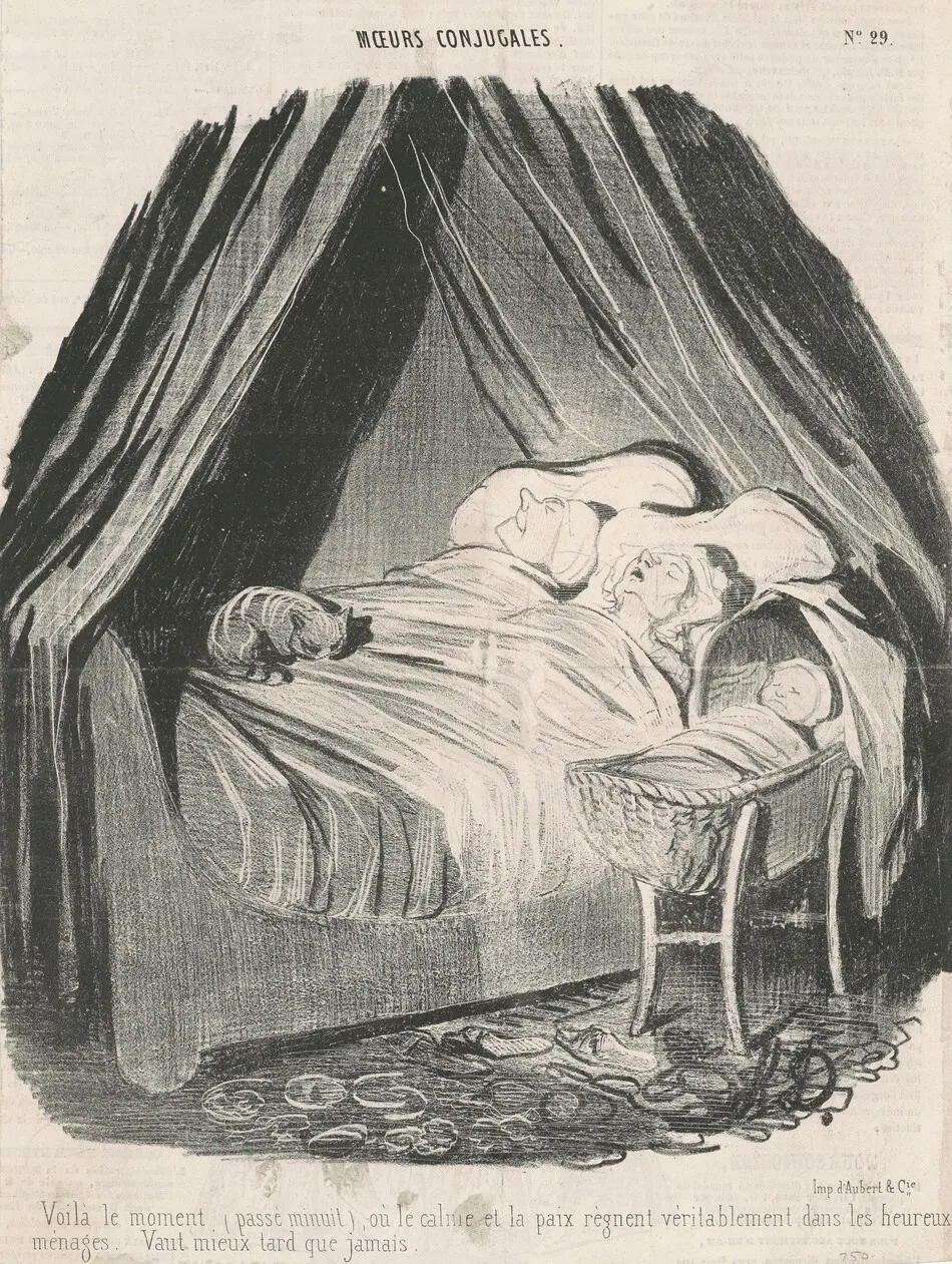 Voilà le moment (passé minuit) o∙ le calme et la paix règnent véritablement dans les heureux ménages. Vaut mieux tard que jamais. by Daumier, Honoré