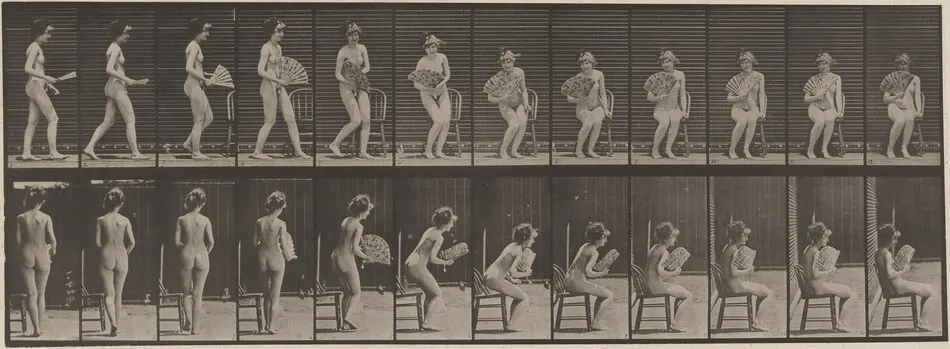Plate Number 237. Sitting down on a chair and opening a fan by Eadweard Muybridge