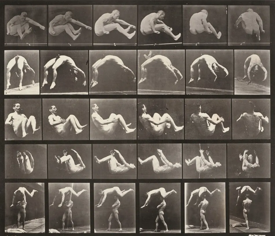 Plate Number 522. A: Jumping. B: Handspring. C, D: Somersault. E: Springing over a man's back by Eadweard Muybridge
