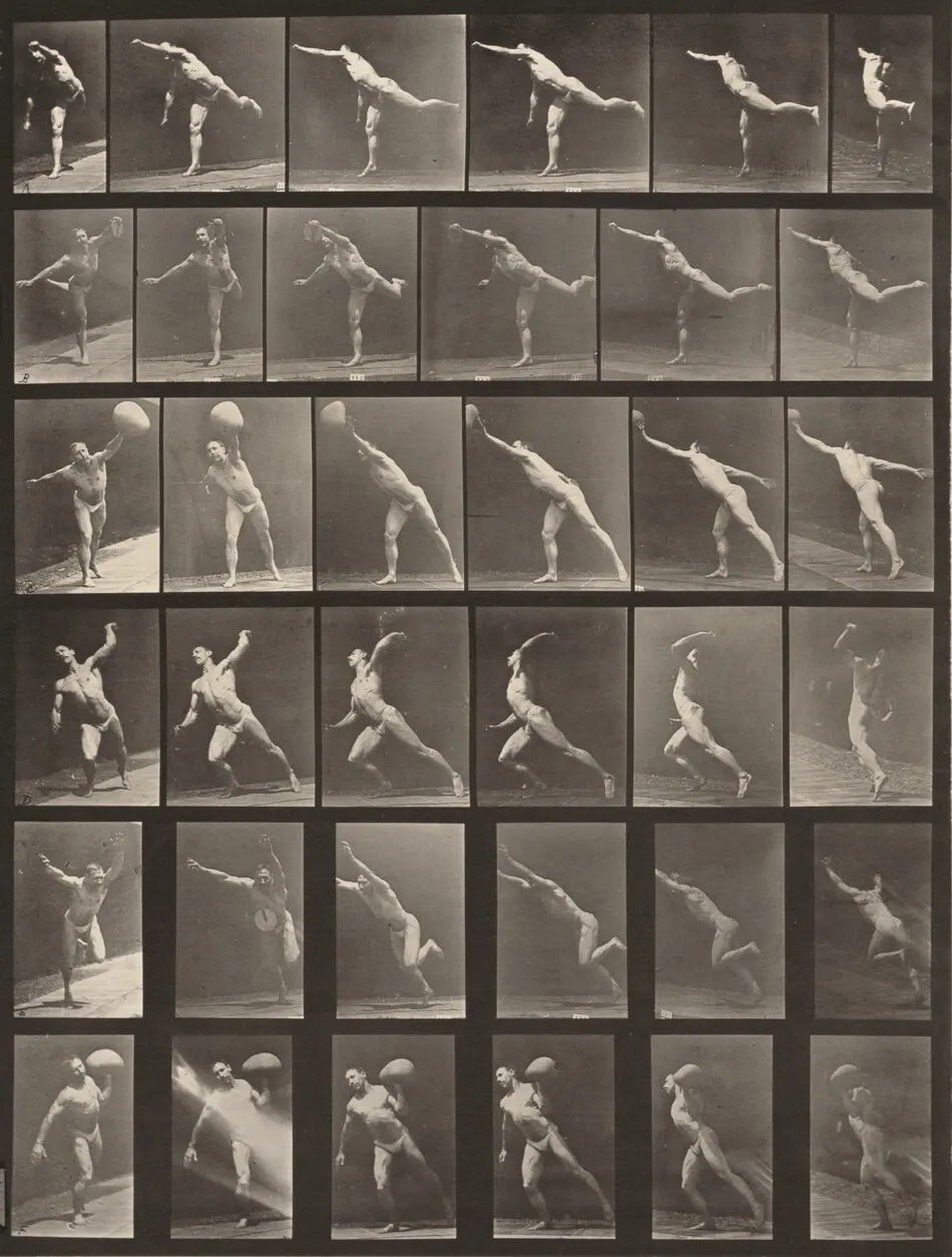 Plate Number 523. A: Striking a blow. B, E: Throwing a disk. C, F: Heaving a 75-lb. stone. D: Throwing a ball by Eadweard Muybridge