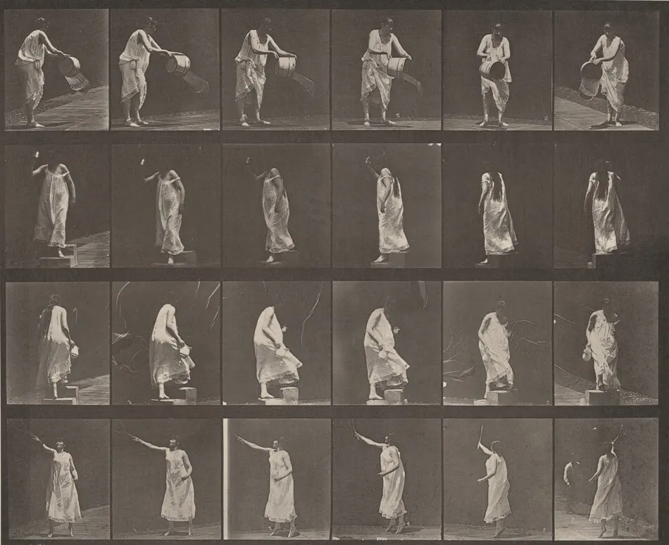 Plate Number 524. A: Throwing water from a bucket. B: Descending a step. C: Ascending a step. D: Playing lawn tennis by Eadweard Muybridge