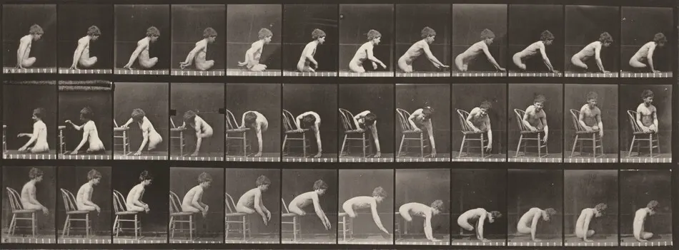 Plate Number 538. Double amputation of thighs, boy. A: Moving forward. B: Getting on chair. C: Getting down from chair by Eadweard Muybridge