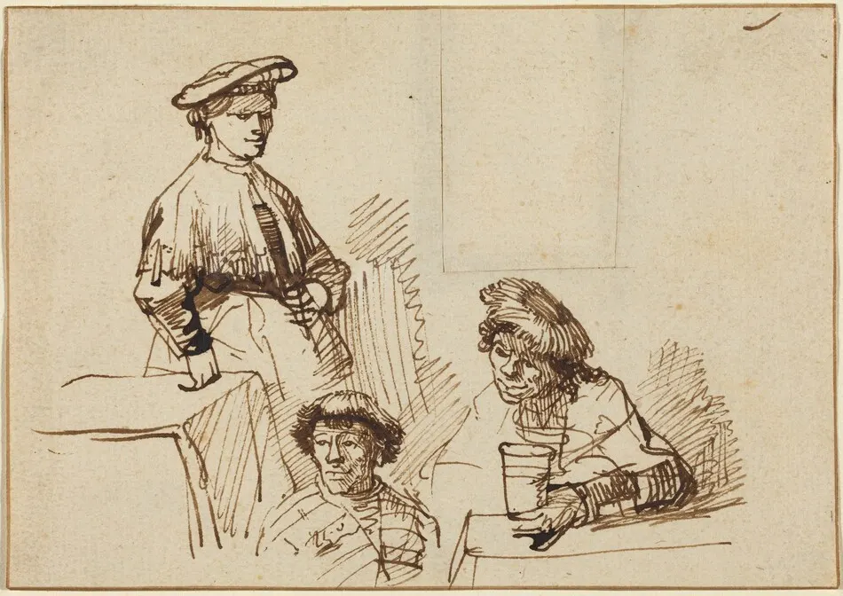 Sketches from a Tavern: Woman Standing and Two Men Seated by Rembrandt van Rijn