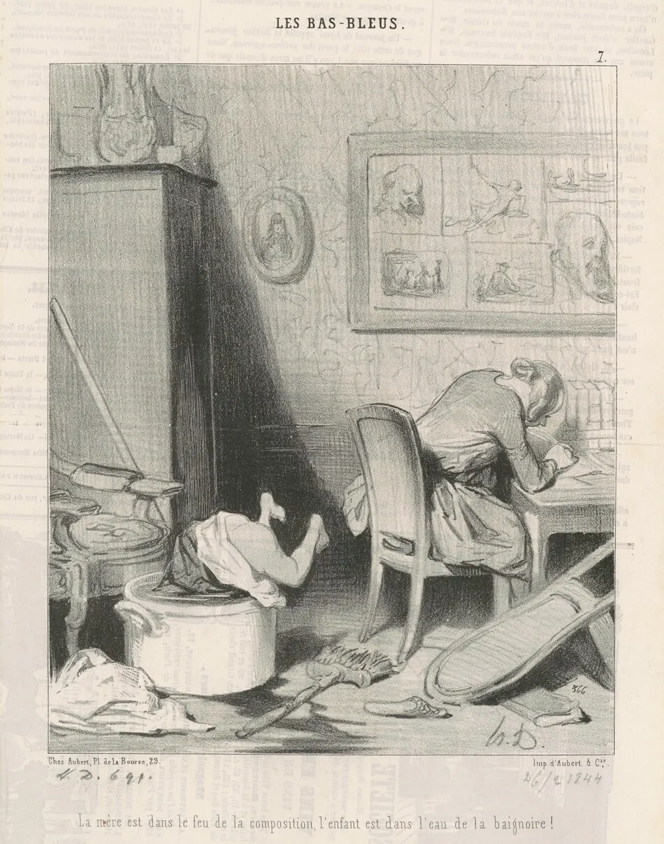 La mère dans le feu de la composition, l'enfant est dans l'eau de la baignoire! by Honoré Daumier