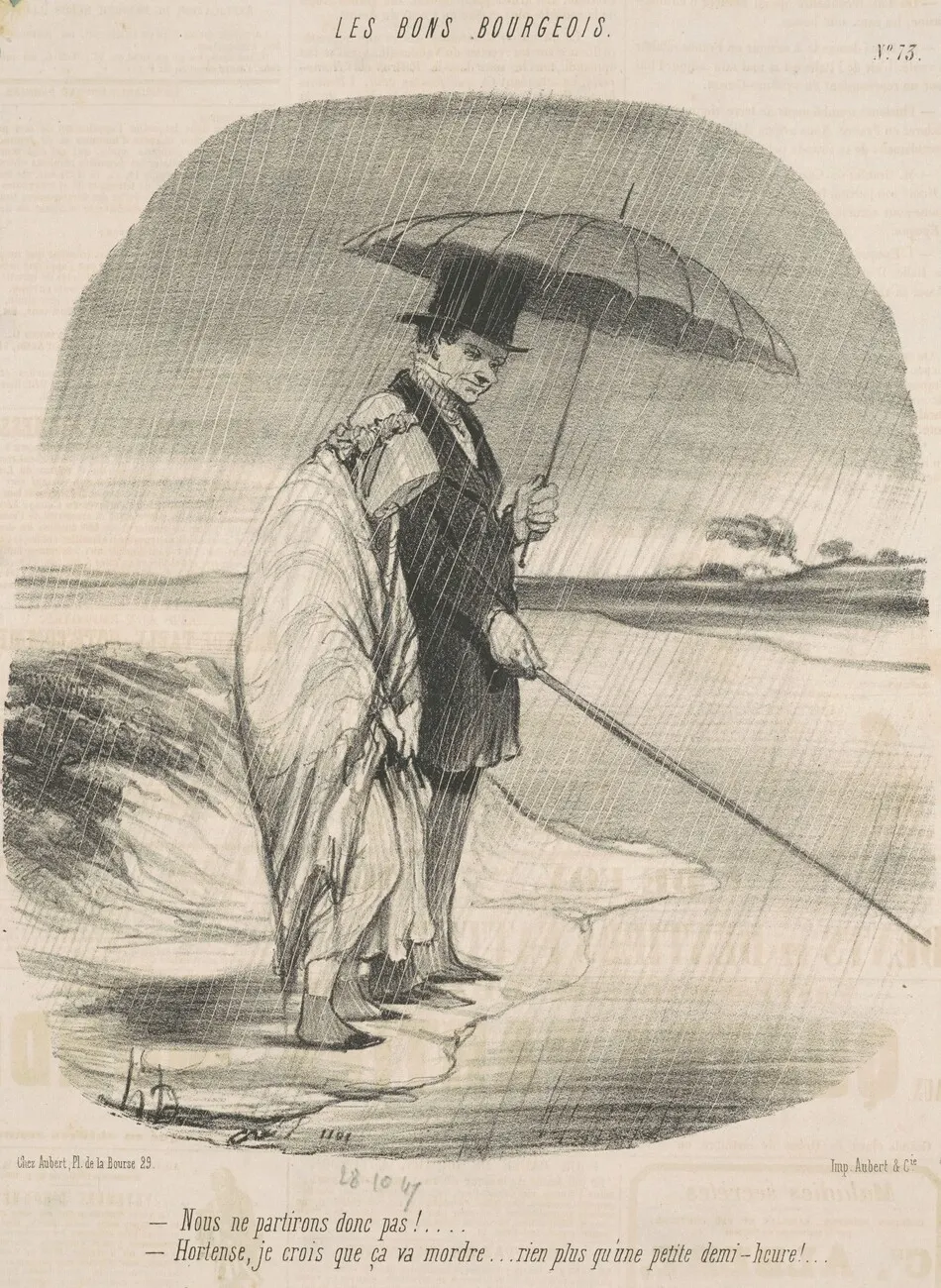 Nous ne partirons donc pas!  -Hortense, je crois que ça va mordre . . . Rien plus qu'une petite demi-heure! by Honoré Daumier