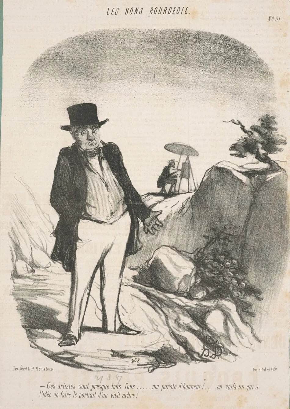 Ces artistes sont presque tous fous . . . Ma parole d'honneur!  . . . En voilà un qui a l'idée de faire le portrait d'un vieil arbre! by Honoré Daumier