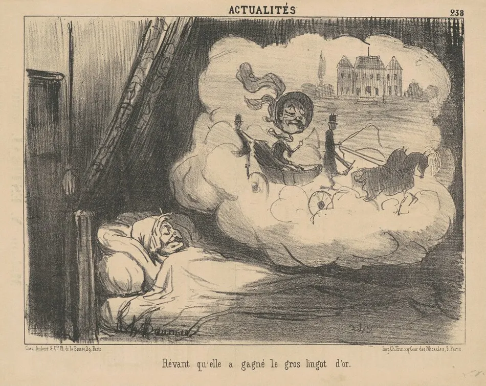 Rêvant qu'elle a gagné le gros lingot d'or. by Daumier, Honoré