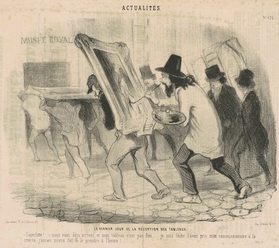 Le dernier jour de la réception des tableaux. Saperlotte . . . Nous voici déjà arrivés et mon tableau n'est pas fini! by Honoré Daumier