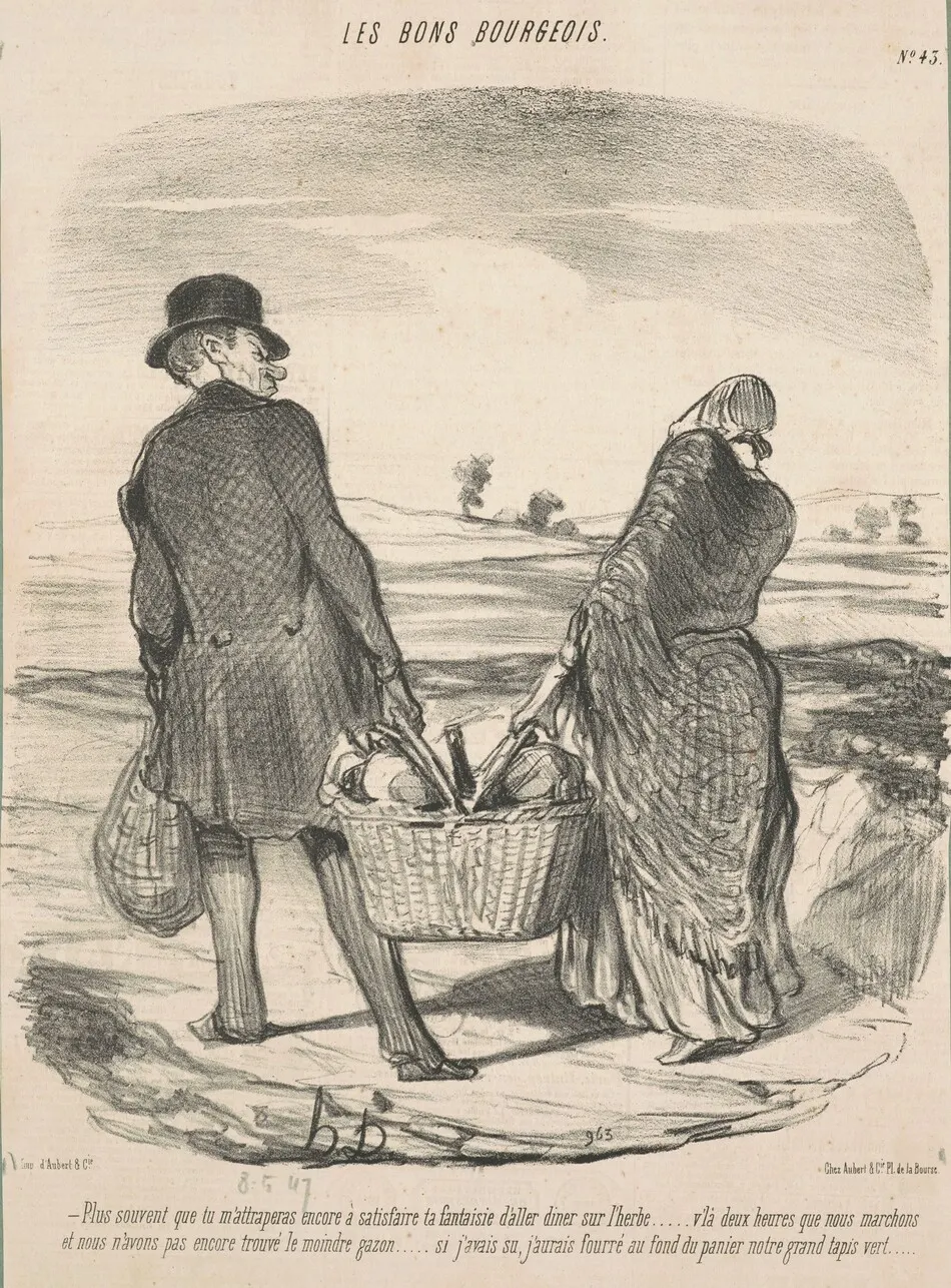 Plus souvent que tu m'attraperas encore à satisfaire ta fantaisie d'aller dîner sur l'herbe . . . V'là deux heures que nous marchons et nous n'avons pas encore trouvé le moindre qazon . . . Si j'avais su, j'aurais fourré au fond du panier notre grand tapis vert. by Honoré Daumier