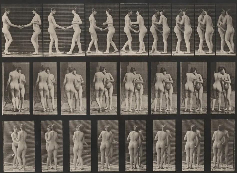 Plate Number 444. Two models shaking hands and kissing each other by Eadweard Muybridge