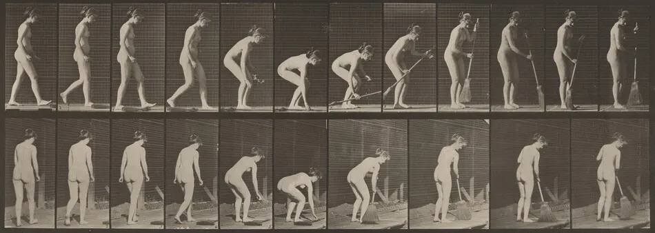 Plate Number 219. Stooping, and lifting broom and sweeping by Eadweard Muybridge