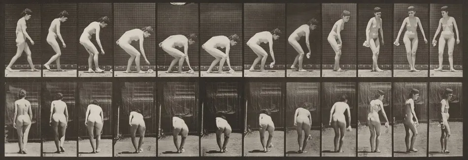 Plate Number 220. Stooping, and lifting handkerchief and turning by Eadweard Muybridge