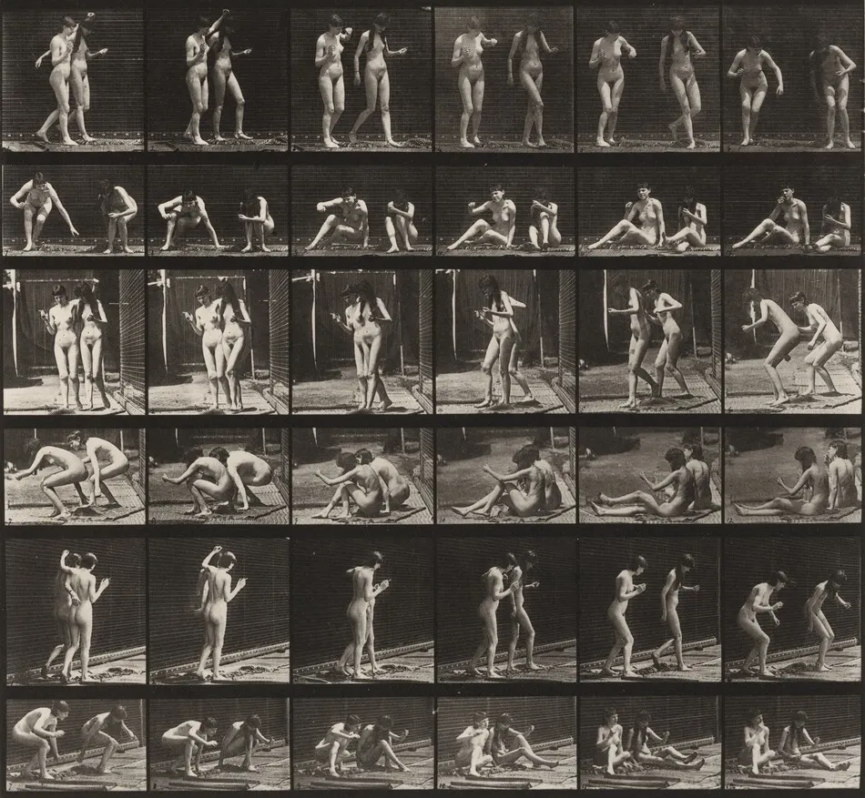 Plate Number 245. Two models, turning around, sitting on the ground by Eadweard Muybridge