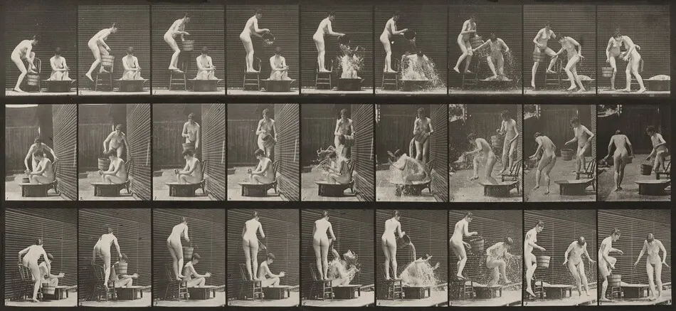 Plate Number 408. Two models, 1 pouring bucket of water over 8 by Eadweard Muybridge