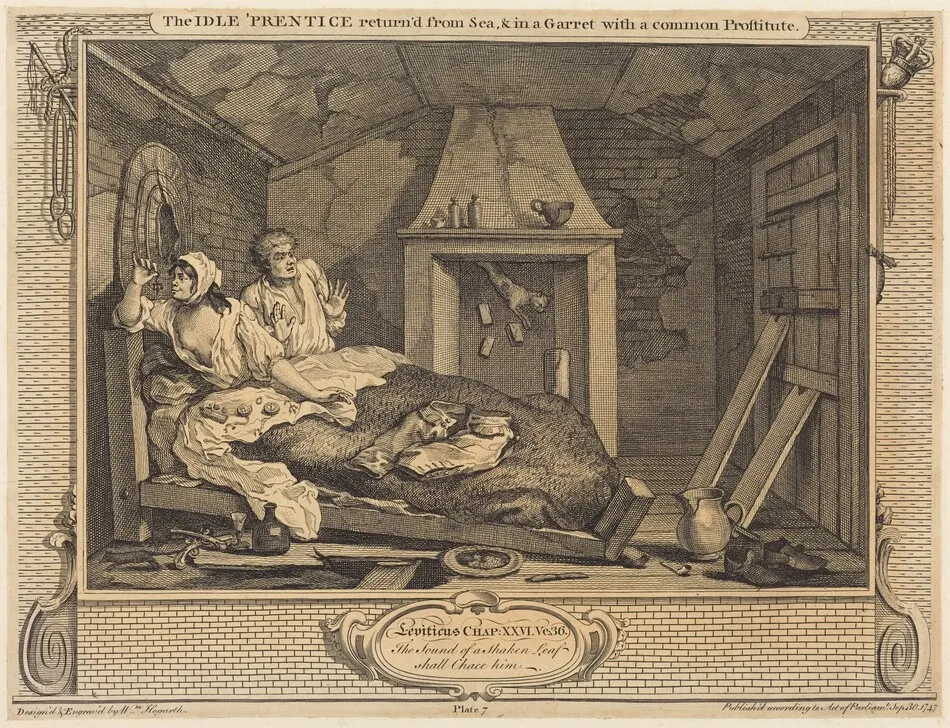 The Idle 'Prentice return'd from Sea & in a Garret with a common Prostitute by William Hogarth