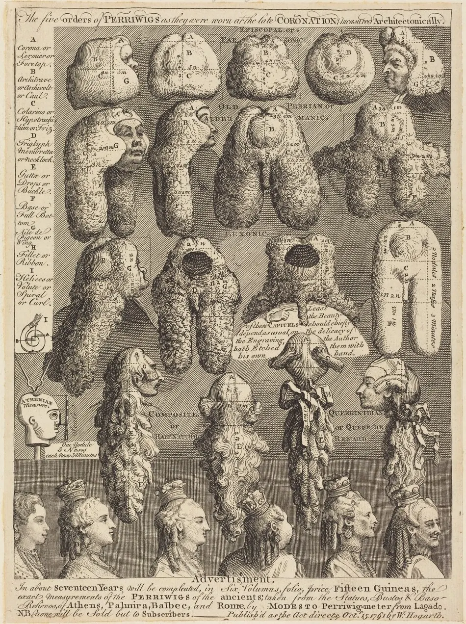The Five Orders of Perriwigs as They Were Worn at the Late Coronation, Measured Architectonically by William Hogarth