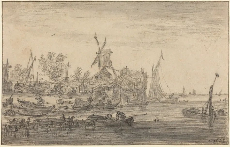 Foreshore Scene with Windmill by Jan van Goyen