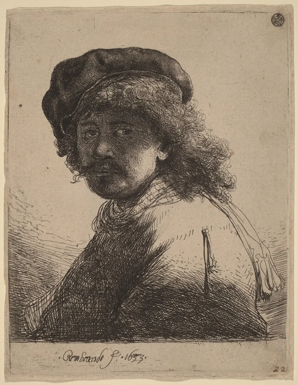 Self-Portrait in a Cap and Scarf with the Face Dark by Rembrandt van Rijn