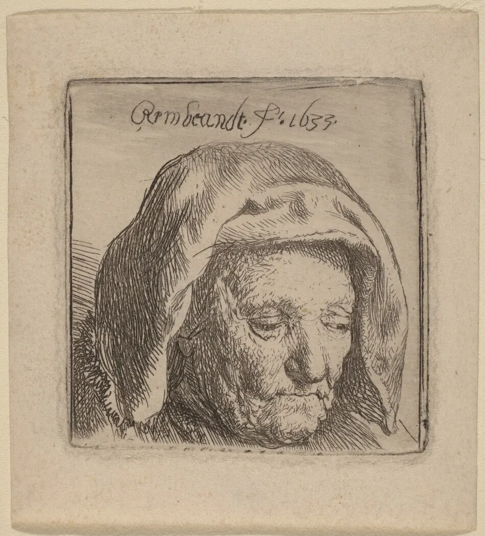 The Artist's Mother in a Cloth Headdress, Looking Down by Rembrandt van Rijn