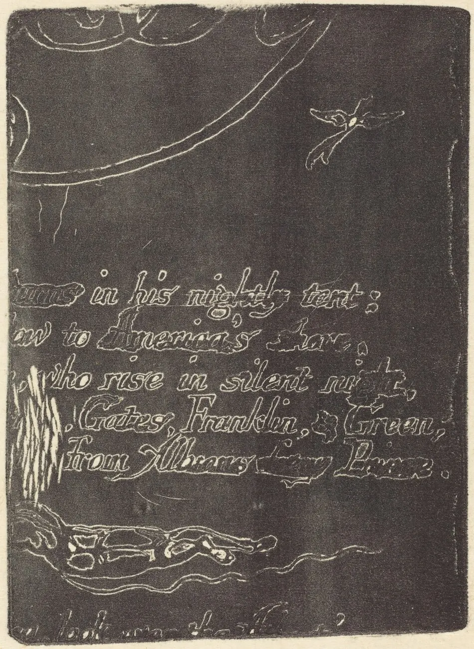 Restrike from fragment of cancelled plate for "A Prophecy" by William Blake