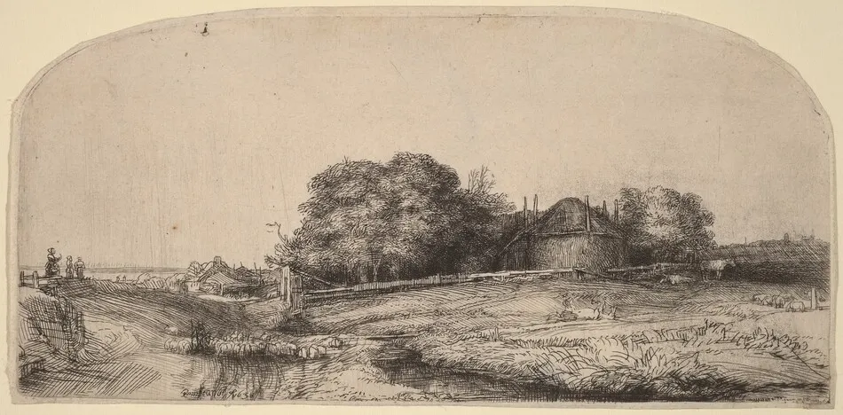 Landscape with a Hay Barn and a Flock of Sheep by Rembrandt van Rijn