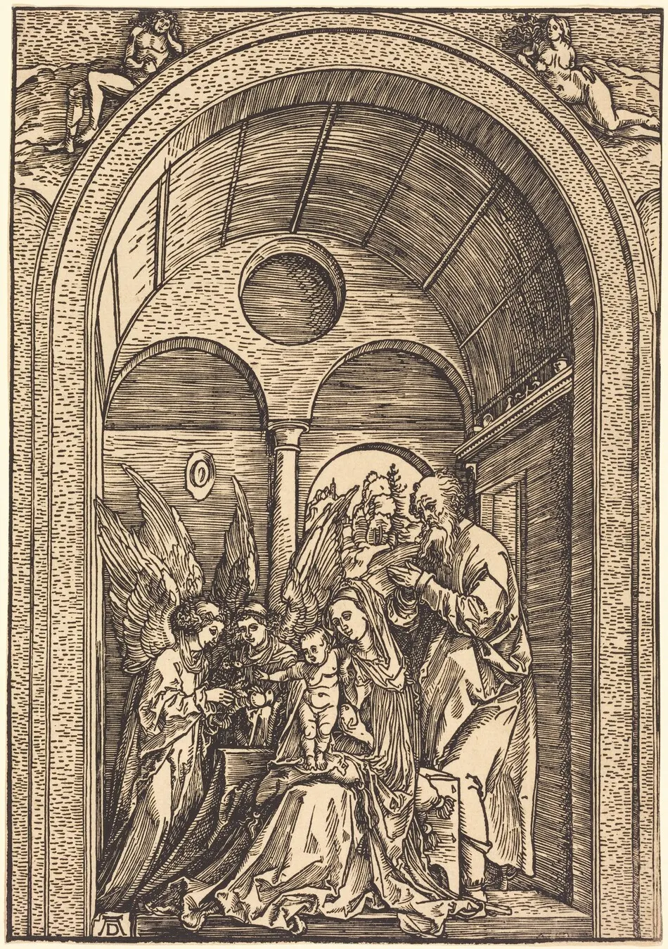 The Holy Family with Two Angels in a Vaulted Hall by Albrecht Dürer